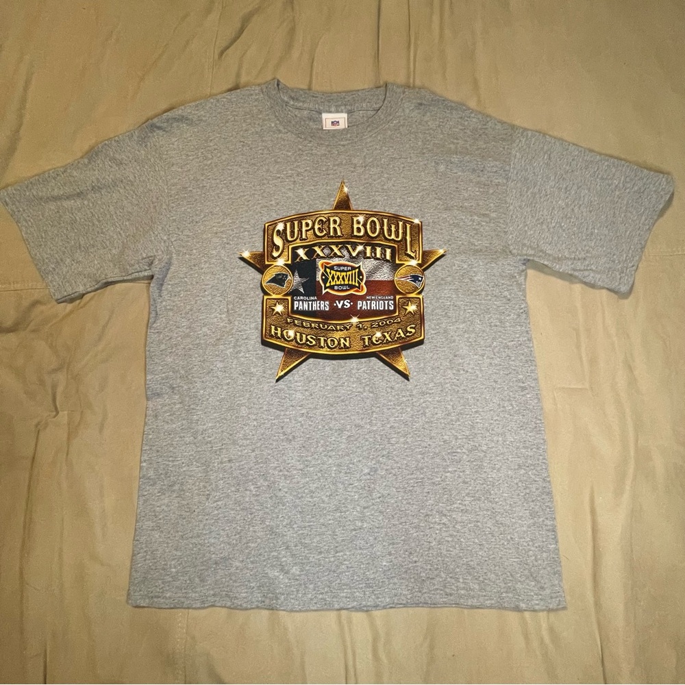Vintage 2004 NFL Super Bowl 38 Panthers Patriots Gray T Shirt (L) EUC